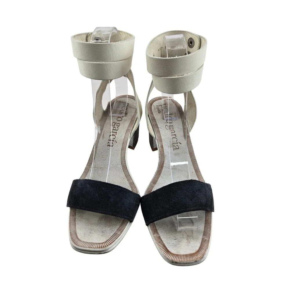 Pedro Garcia Xola Sandals White Leather Black‎ Suede Silver Block Heel Size 37 7